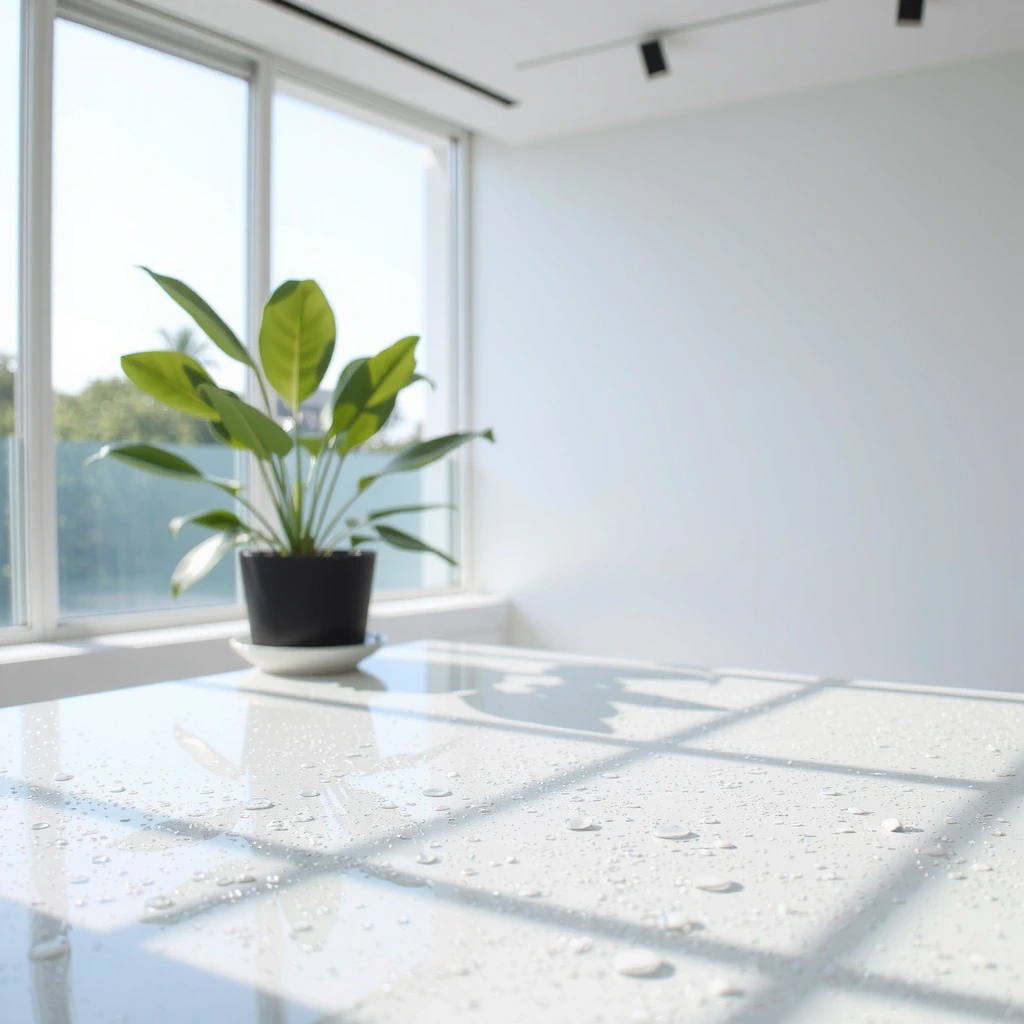 Pristine clean glass surface reflecting sunlight